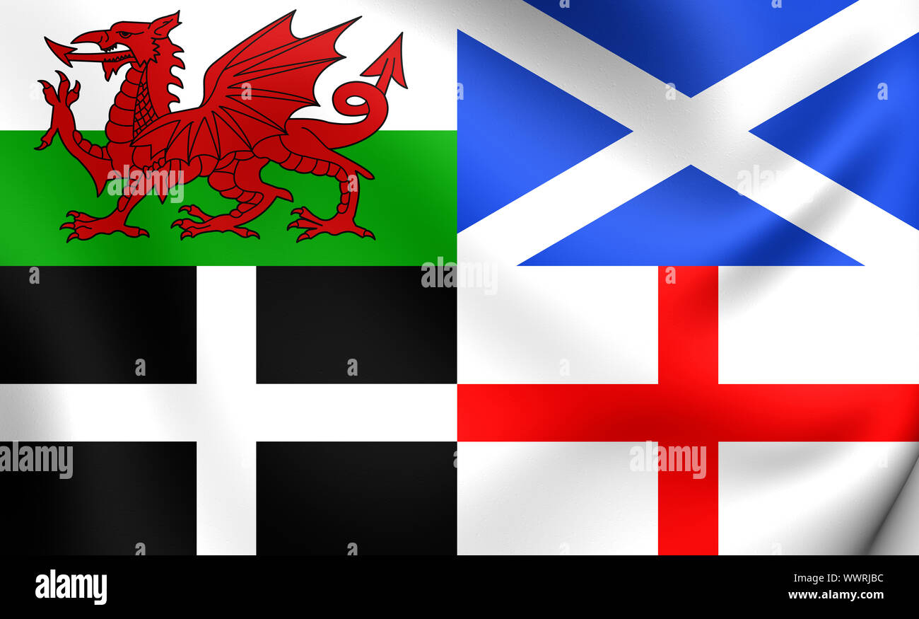 3D Flag of the Wales, Scotland, Cornwall and England Stock Photo Alamy