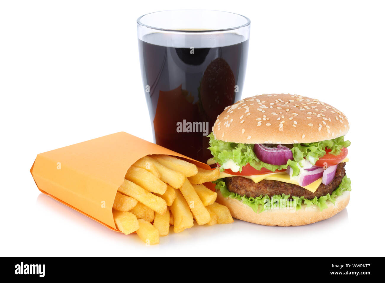 Cheeseburger Hamburger Menu Menu Menu with french fries Cola drink Fast Food Exemption Stock Photo
