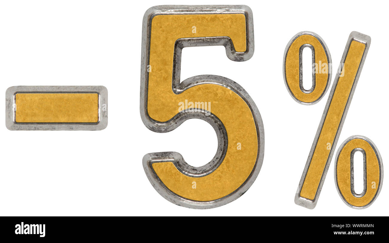 Percent off. Discount. Minus 5, five,  percent. Metal numeral, isolated on white background Stock Photo