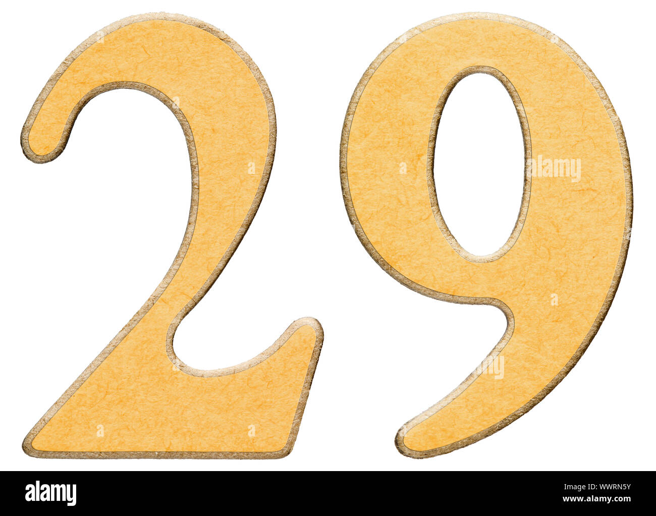 29, twenty nine, numeral of wood combined with yellow insert