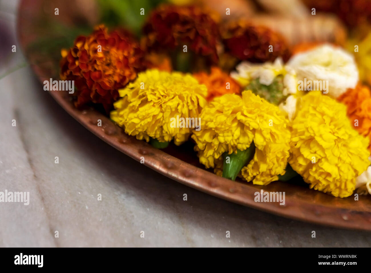 Closeup horizontal side angle shot of marigold flowers on a thali or plate for puja preparations. Background picture of Hindu traditional rituals with Stock Photo