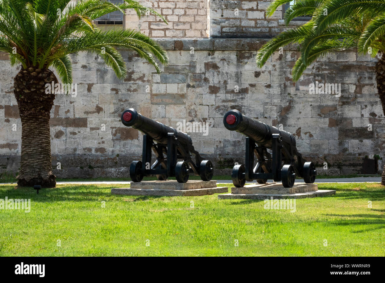 Two muzzle loading cannons in Victualling Yard at The Royal Naval Dockyard, Bermuda Stock Photo