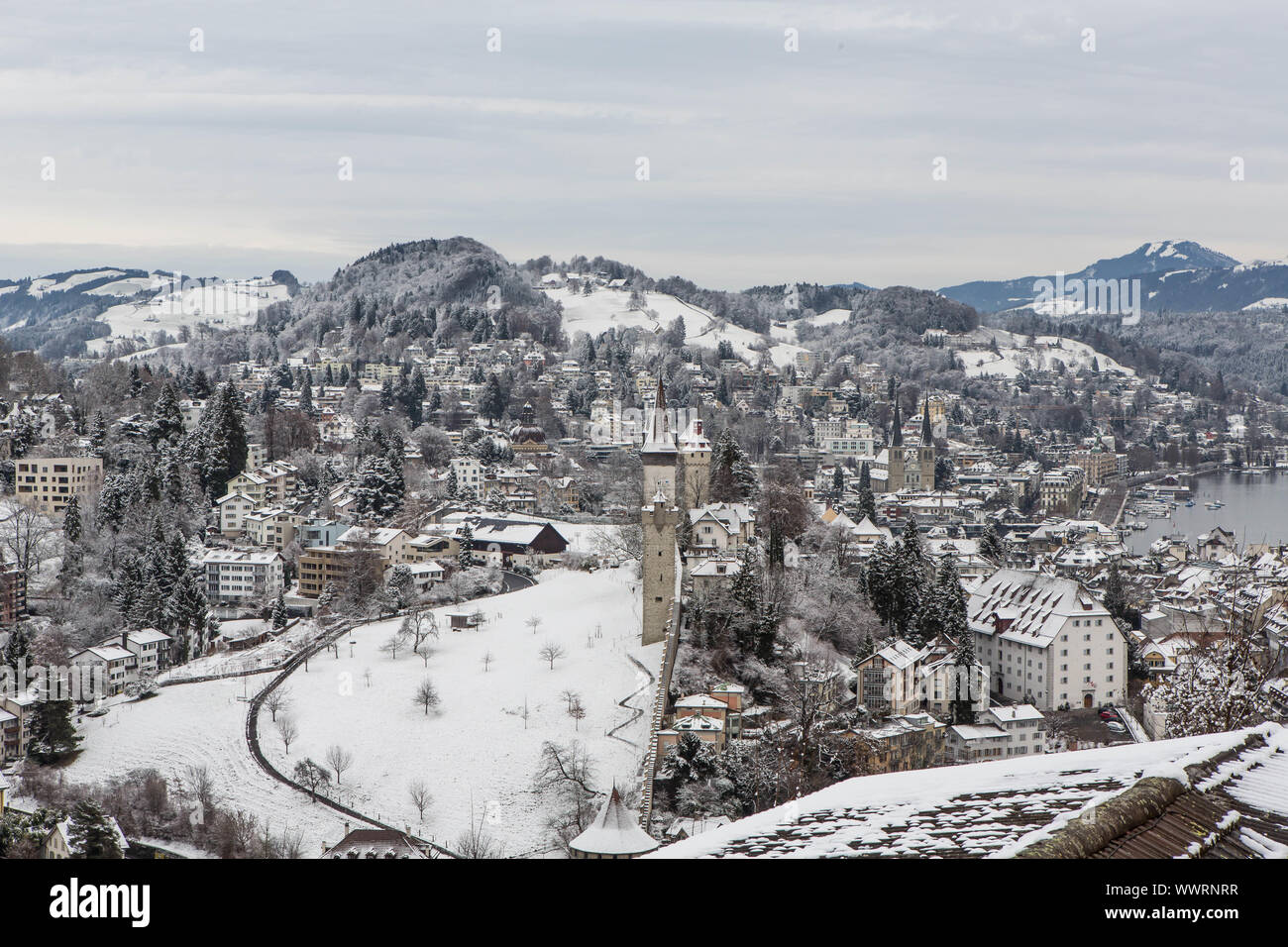 Snowy landscape with view of the city of Lucerne, Switzerland, Europe Stock Photo