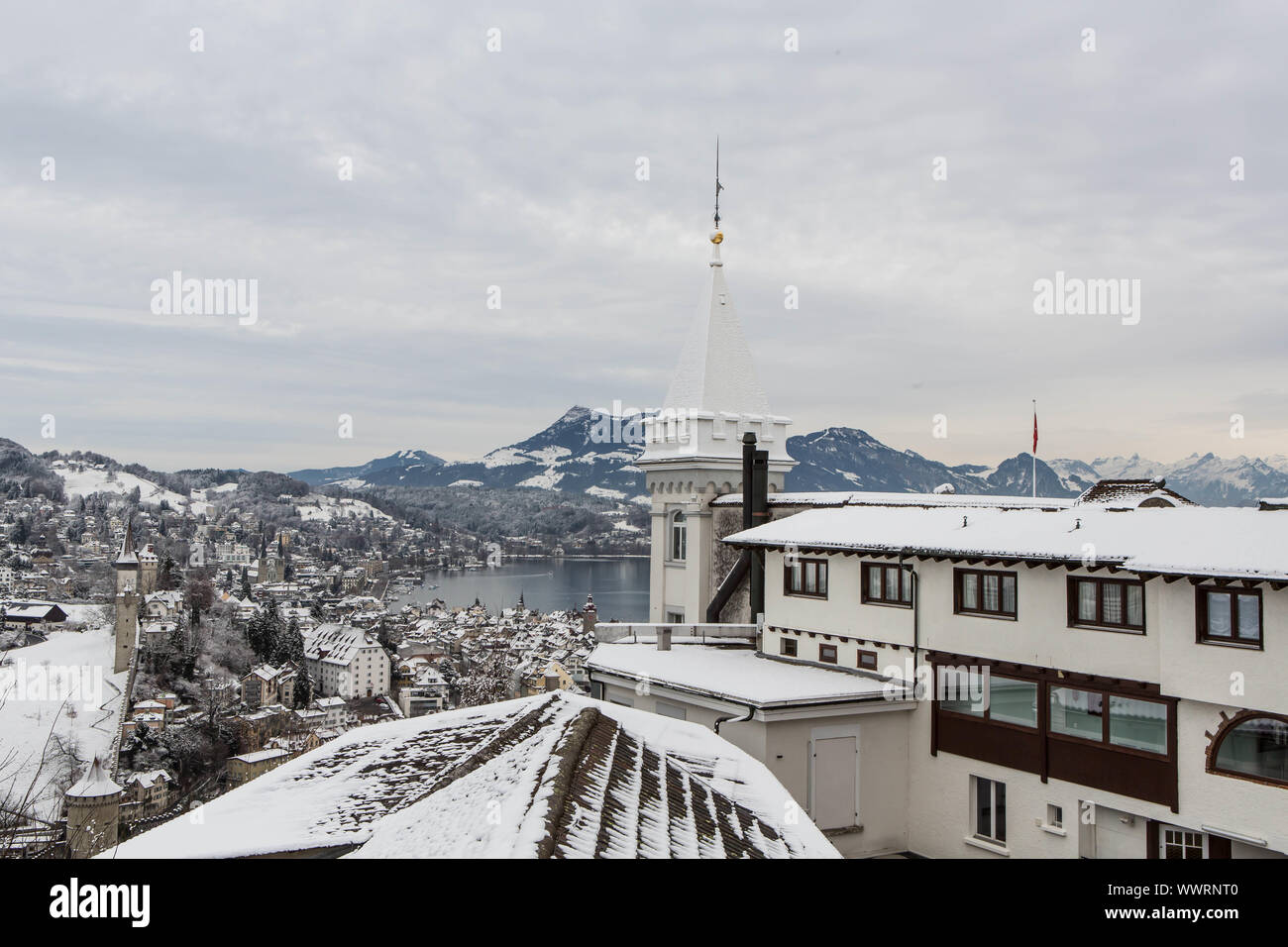Snowy landscape with view of the Rigi and city of Lucerne, Switzerland, Europe Stock Photo