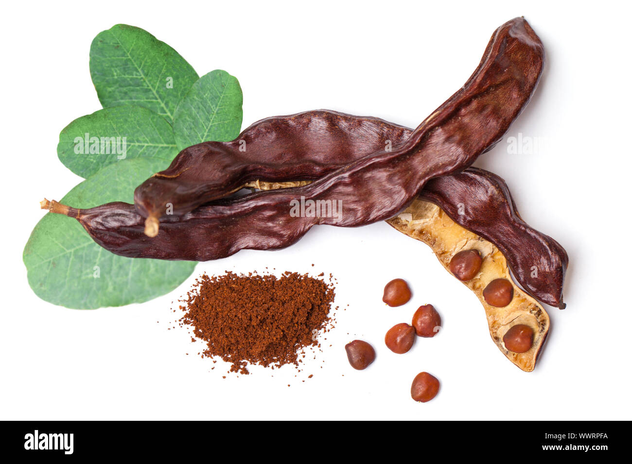 Carob beans with powder. Healthy organic sweet carob pods with seeds