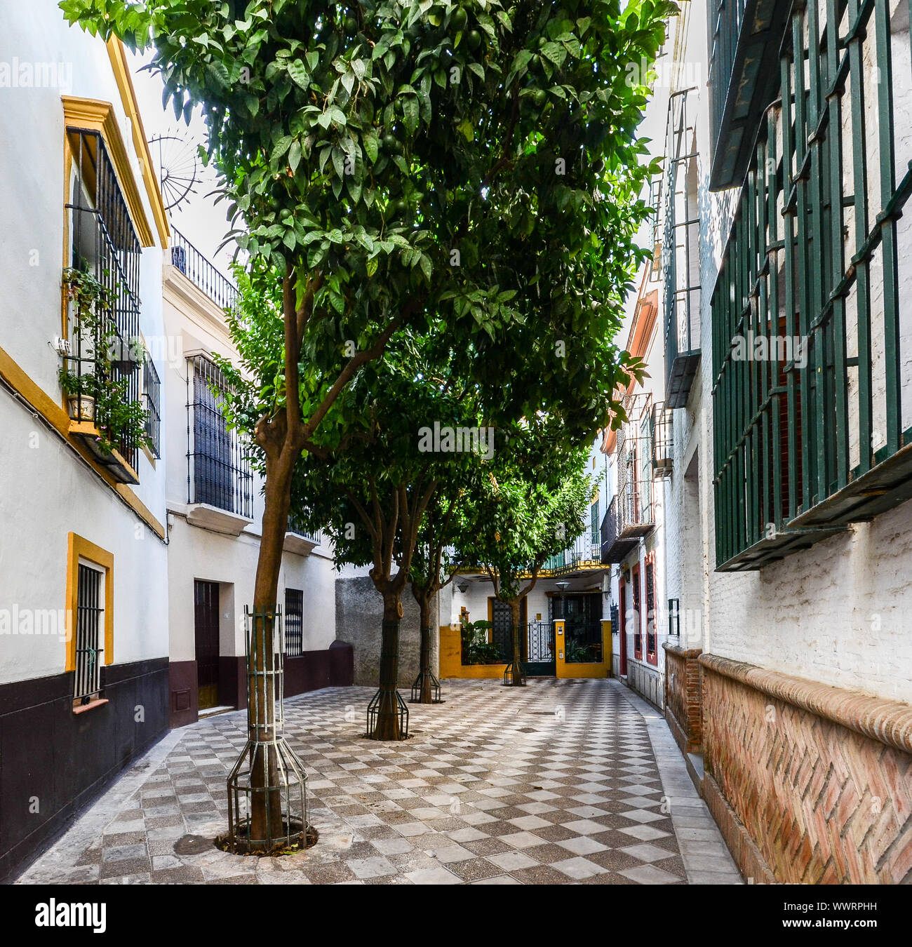 Quiet cul de sac in the famous neighborhood of Holy Cross, also known as Barrio de Santa Cruz, Seville, Andalusia, Spain, a former Jewish Quarter - wi Stock Photo