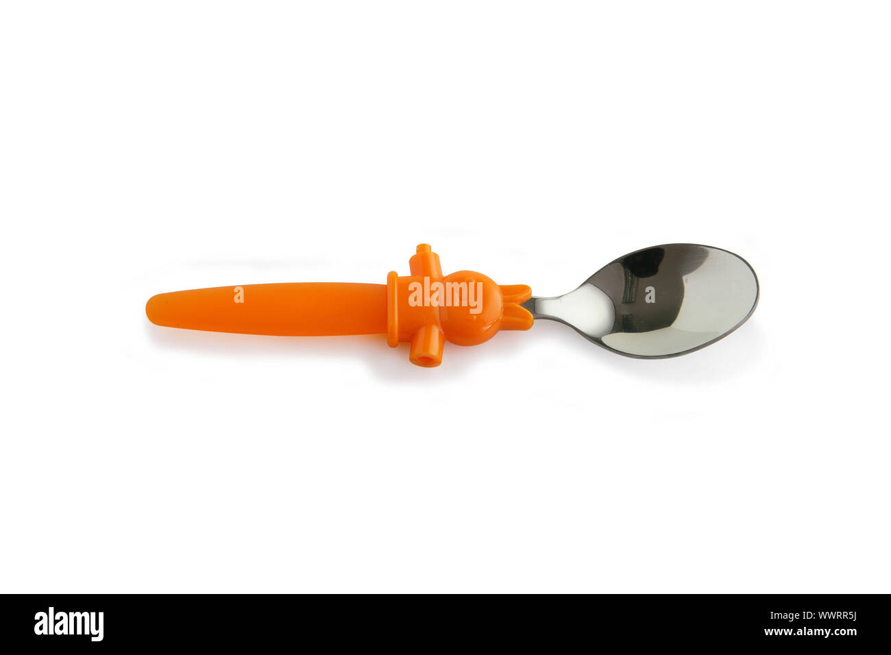 Silver spoon with orange plastic handle Stock Photo