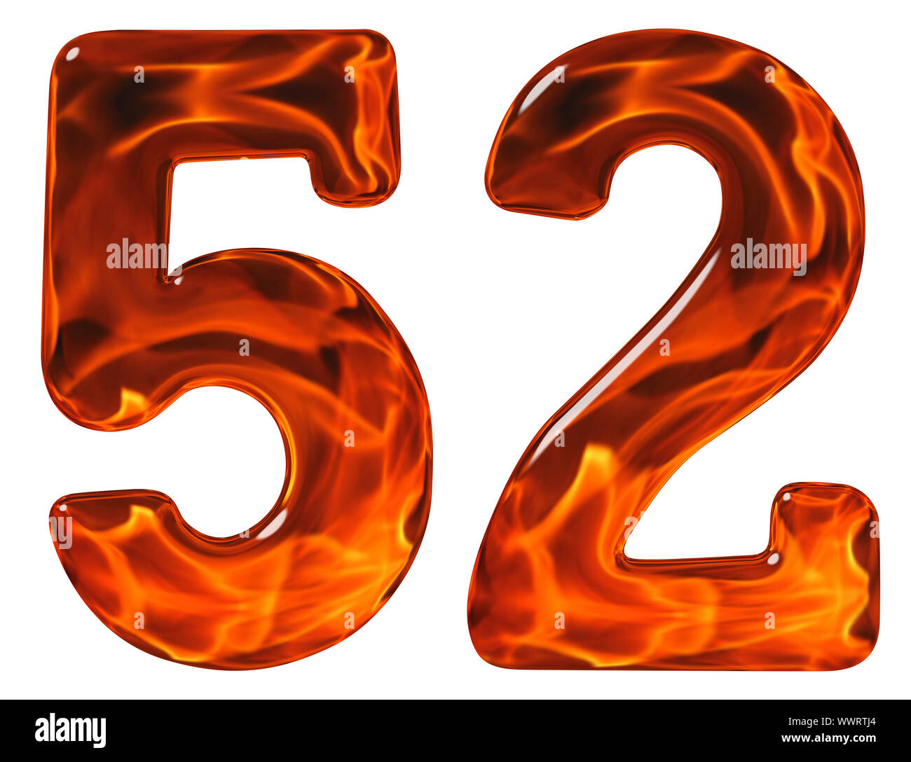 52, fifty two, numeral, imitation glass and a blazing fire, isolated on white background Stock Photo