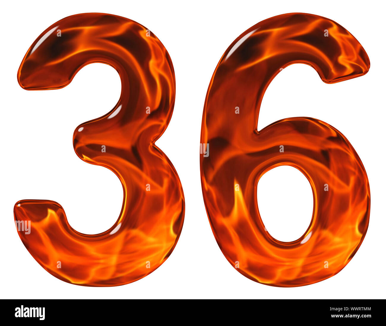 36, thirty six, numeral, imitation glass and a blazing fire, isolated ...