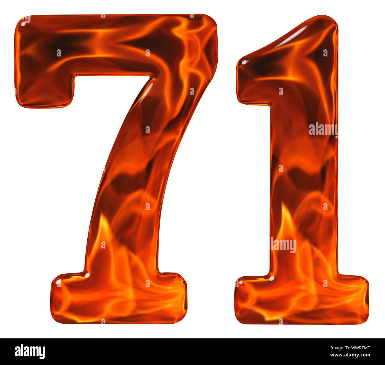 71, seventy one, numeral, imitation glass and a blazing fire, isolated ...