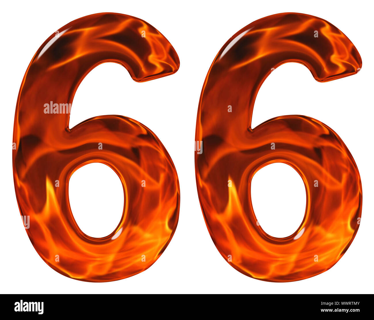 66, sixty six, numeral, imitation glass and a blazing fire, isolated on