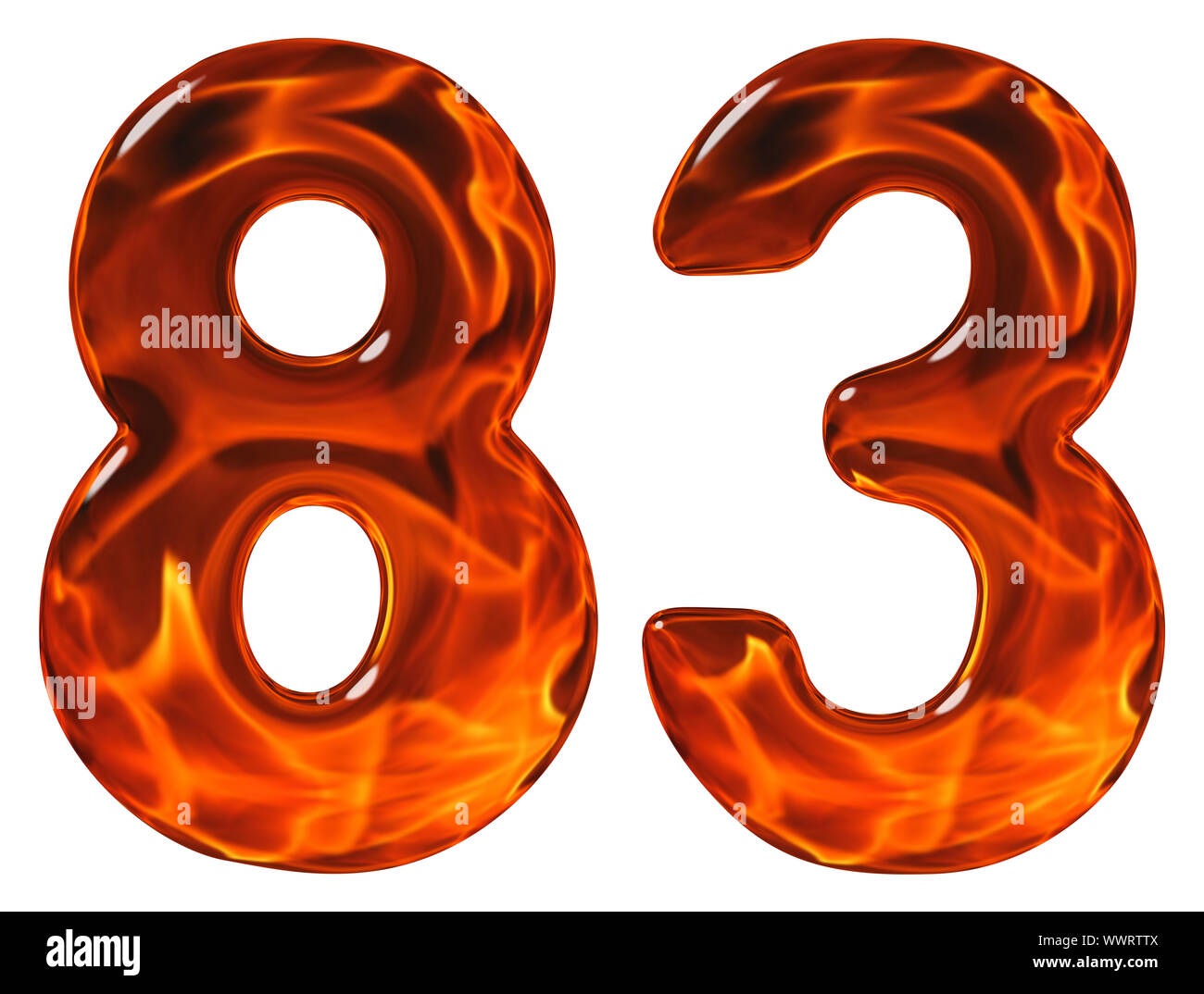 83, eighty three, numeral, imitation glass and a blazing fire, isolated on white background Stock Photo
