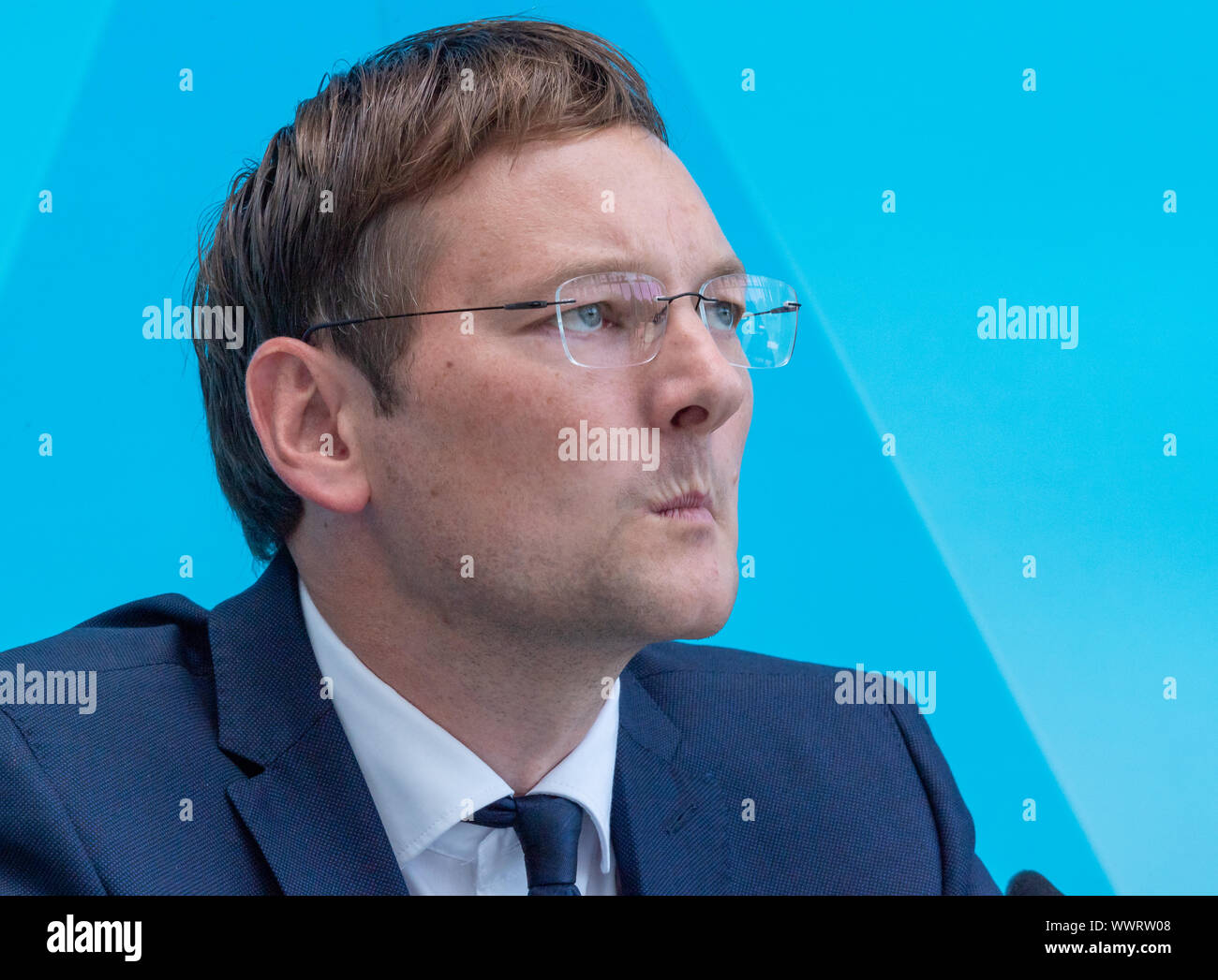 Munich, Germany. 11th Sep, 2019. Hans Reichhart (CSU), Minister of State for Housing, Construction and Transport, takes part in a press conference at the State Chancellery after the top meeting on housing policy. Prime Minister Söder may have to reshuffle his cabinet in the spring, as Reichhart intends to become district administrator of Günzburg. Credit: Peter Kneffel/dpa/Alamy Live News Stock Photo
