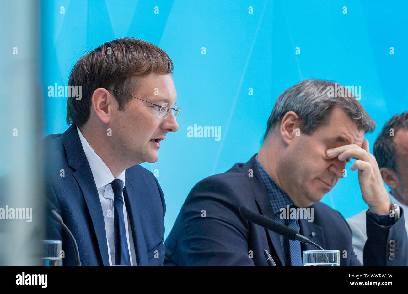 Munich, Germany. 11th Sep, 2019. Hans Reichhart (l, CSU), Minister of State for Housing, Construction and Transport, and Markus Söder (CSU), Prime Minister of Bavaria, will attend a press conference at the State Chancellery after the top meeting on housing policy. Söder may have to reshuffle his cabinet in the spring. Reichhart aspires to become district administrator of Günzburg. Credit: Peter Kneffel/dpa/Alamy Live News Stock Photo