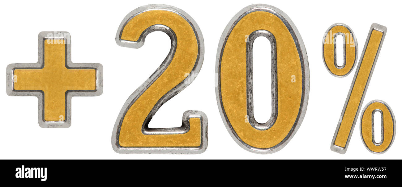 Percent benefits, plus 20 twenty percent, numerals isolated on white