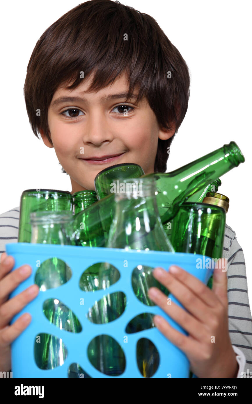 Little boy with glass bottles Stock Photo Alamy
