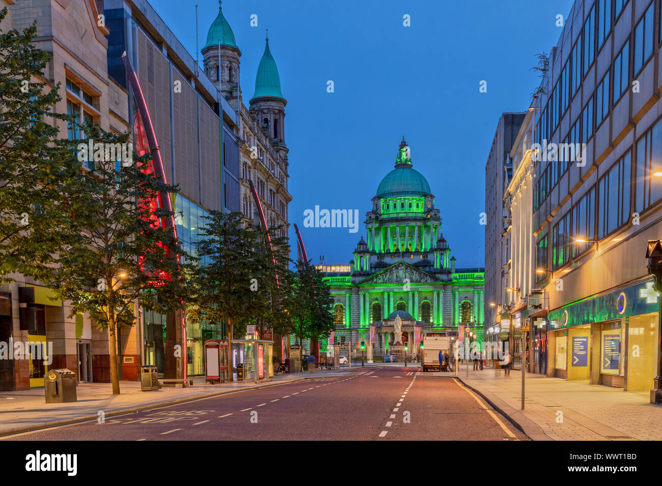 The Belfast City Hall at Donegall Square in Belfast, Northern Ireland at Night Stock Photo