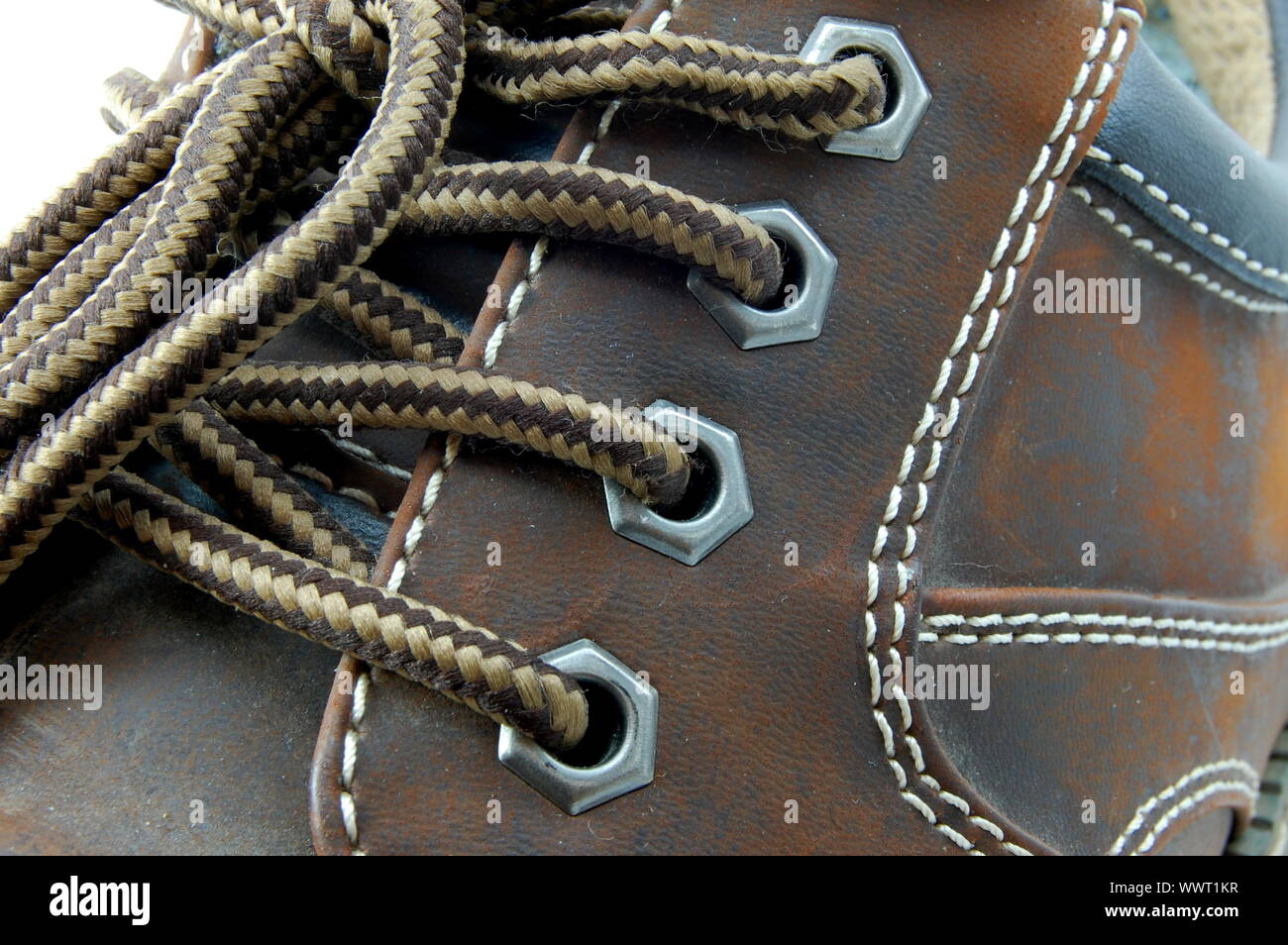 macro of a brown leather shoe and bootlace Stock Photo