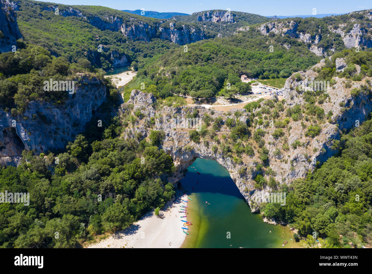 Aerial view of Narural arch in Vallon Pont D'arc in Ardeche canyon in France Stock Photo