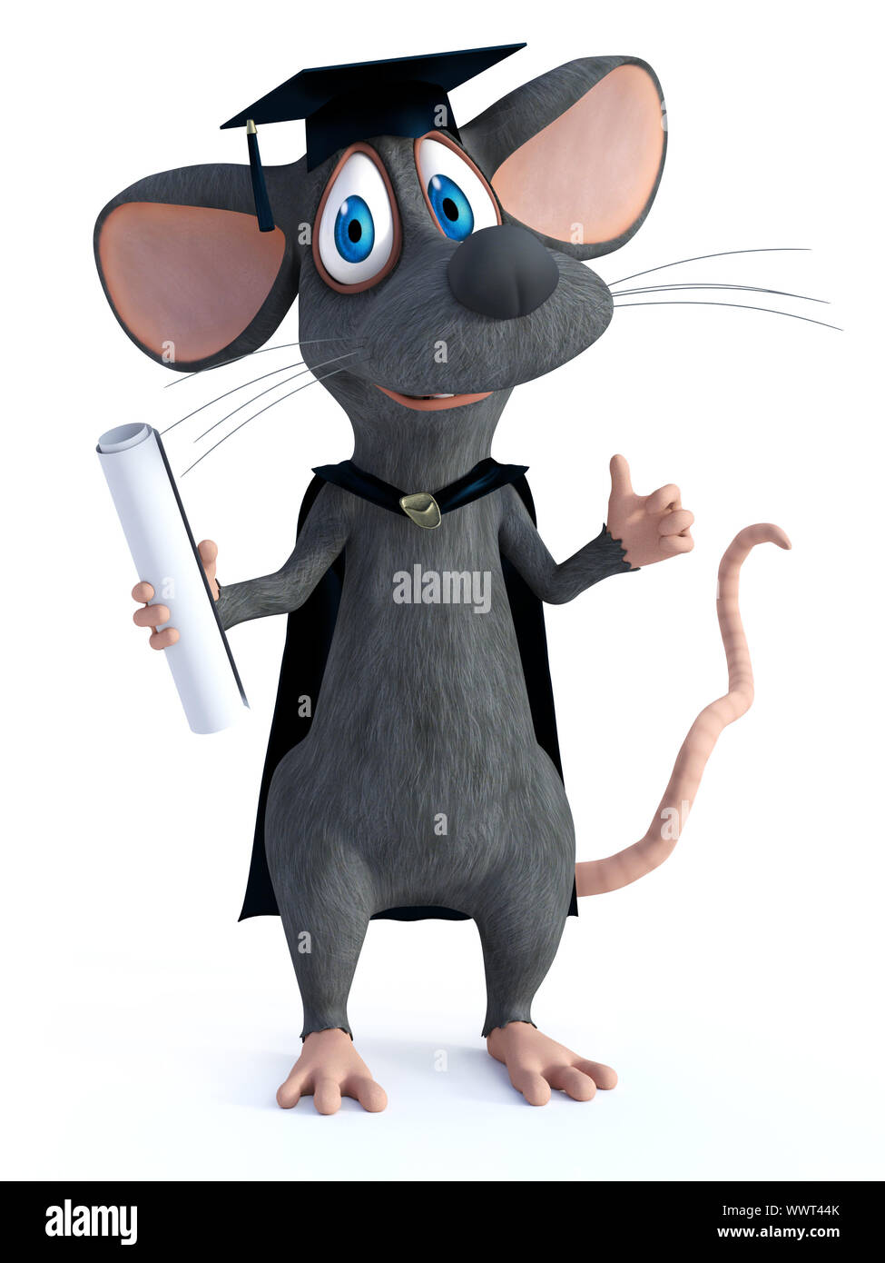 3D rendering of a cute smiling cartoon mouse dressed in graduation clothes and doing a thumbs up. White background. Stock Photo