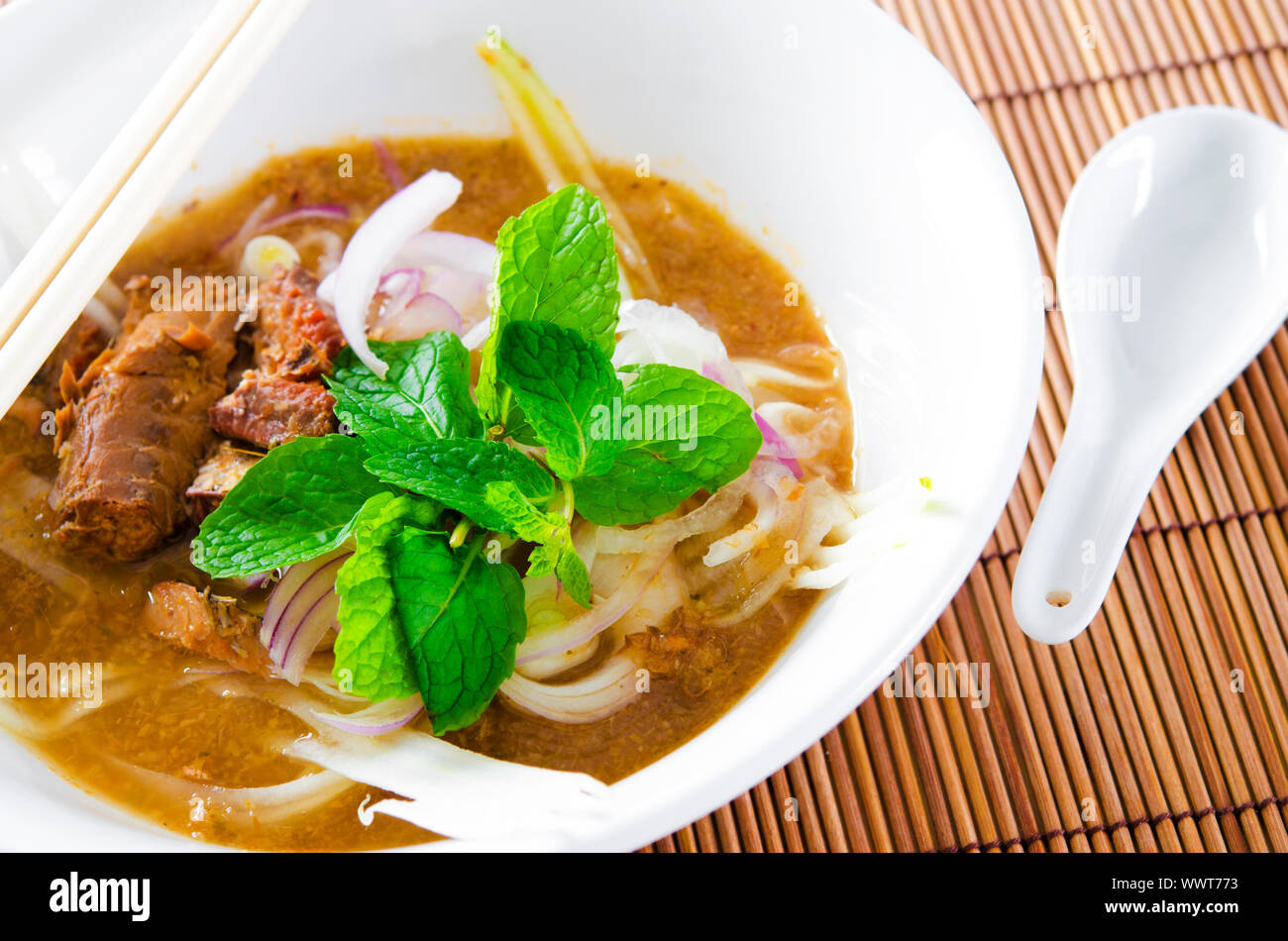 Famous Malaysian Spicy Soup Noodles, Penang Asam laksa Stock Photo