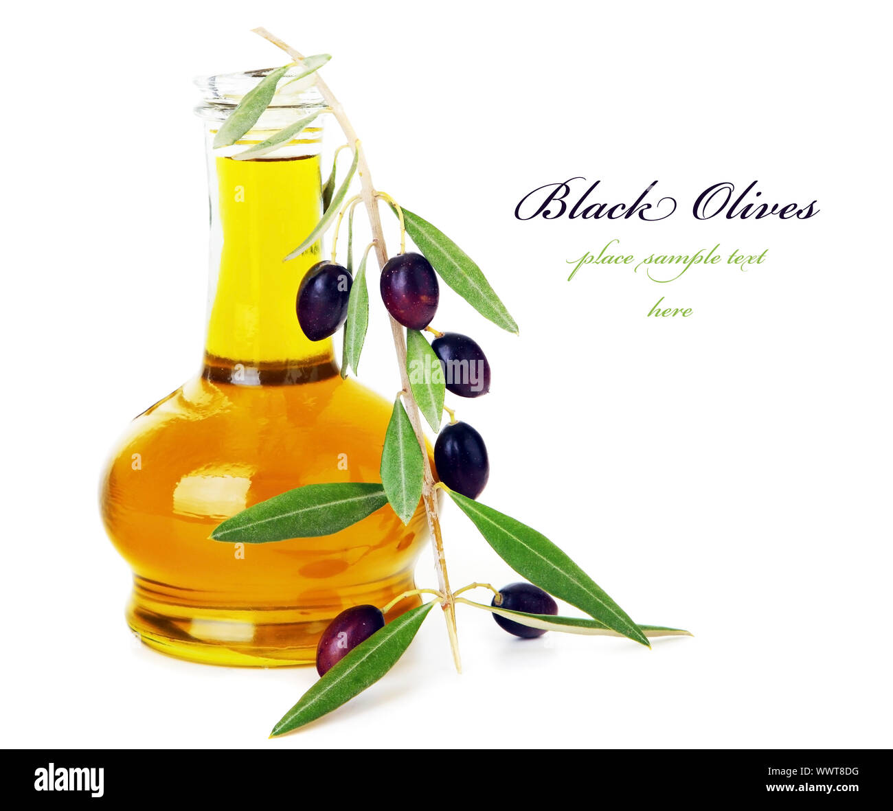 Fresh black olives & olive oil isolated on white background Stock Photo ...