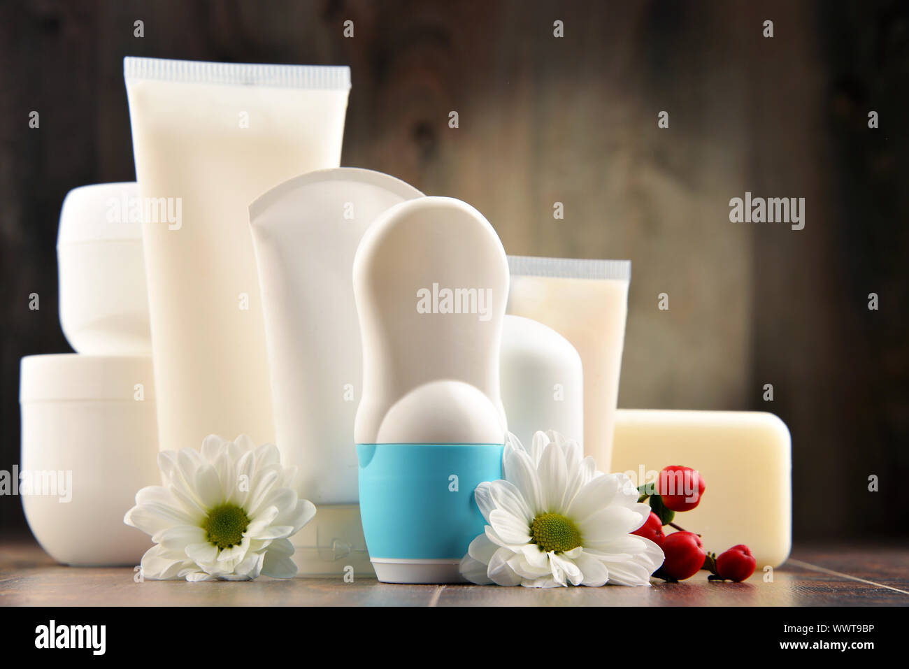 Composition with containers of body care and beauty products. Eco cosmetics. Stock Photo