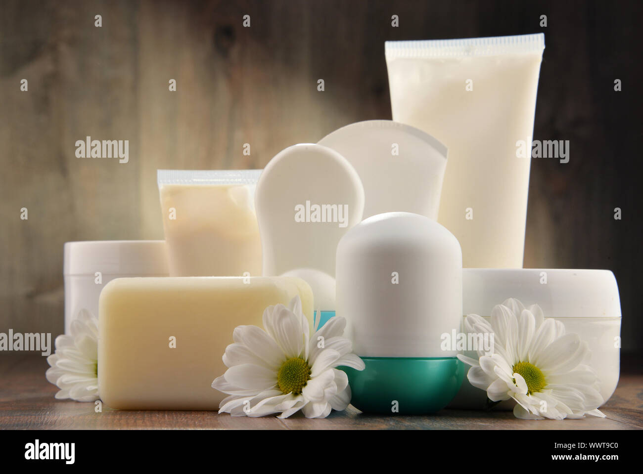 Composition with containers of body care and beauty products. Eco cosmetics. Stock Photo