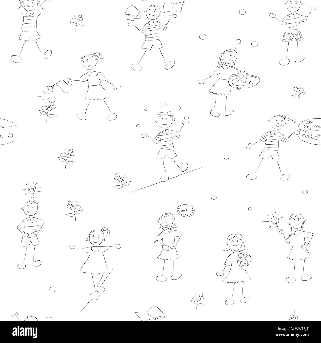 hand drawn school kids pattern with boys and girls doodles over white Stock Photo