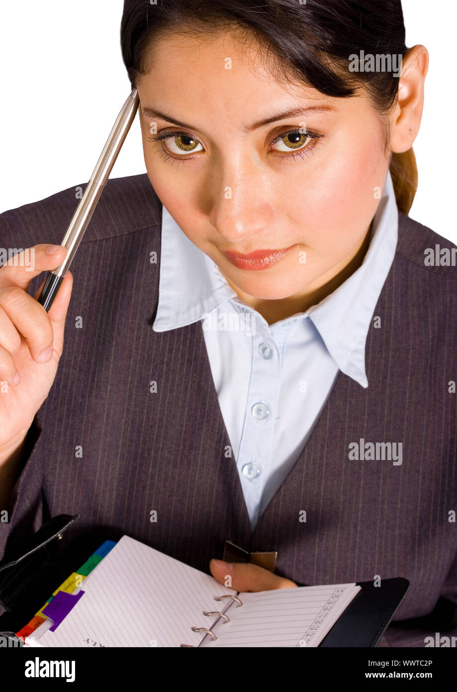 Business Woman With Organizer Thinking About Her Weekly Plan Stock Photo