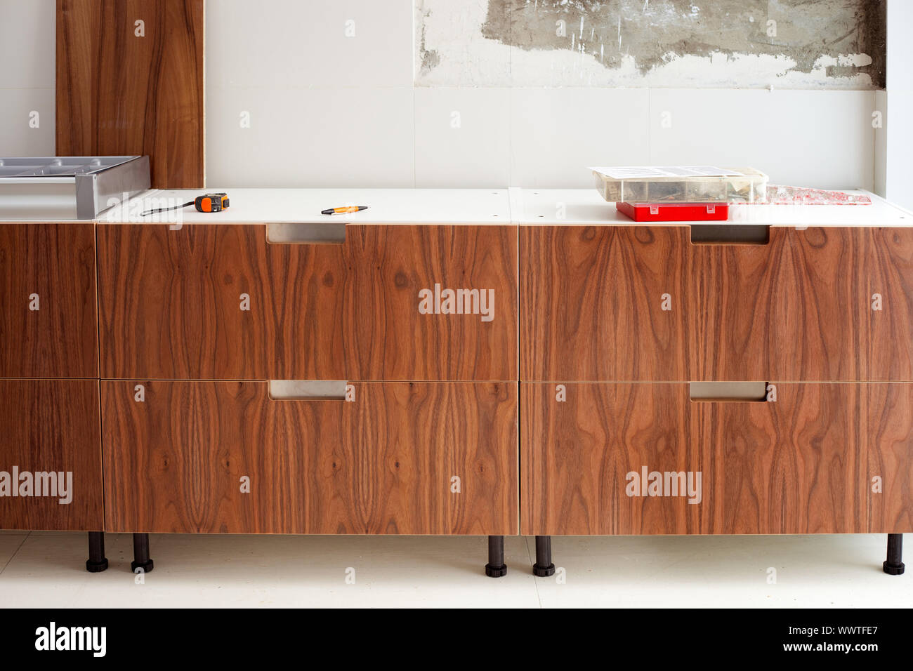 Construction Of Interior Design Modern Kitchen In Walnut Wood