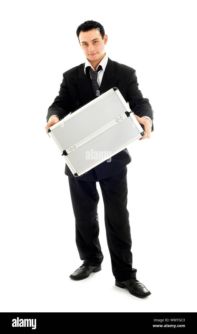 picture of businessman showing metal container over white background