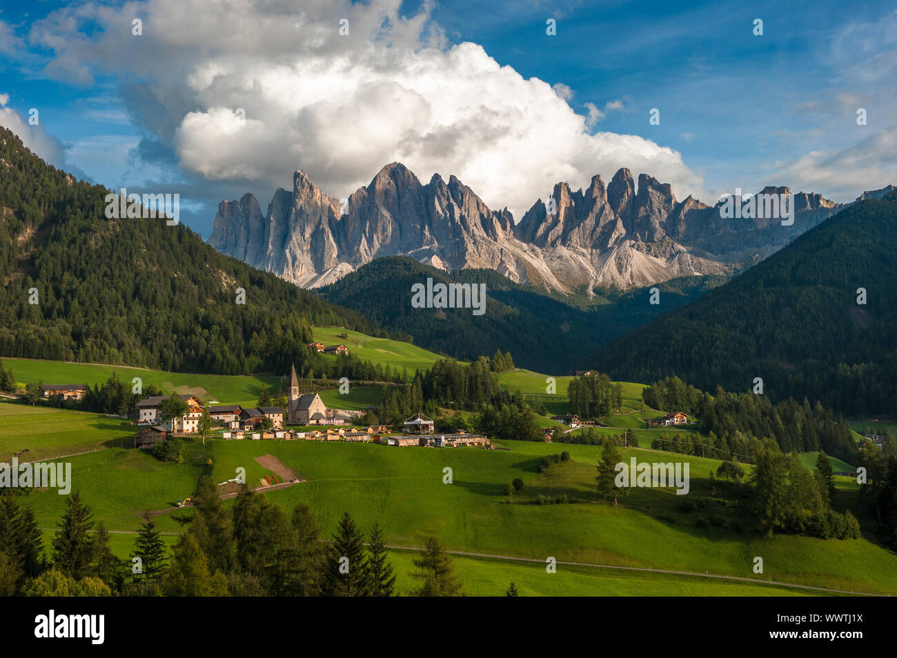 Santa Maddalena Village and the Dolomites, Val di Funes, Italy Stock Photo