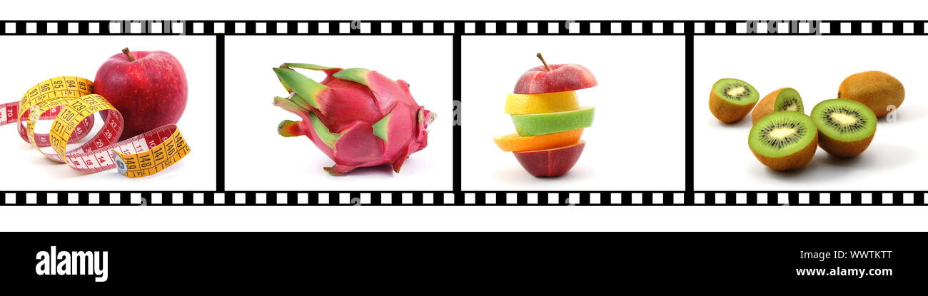 film strip with fruit collection showing healthy lifestyle Stock Photo