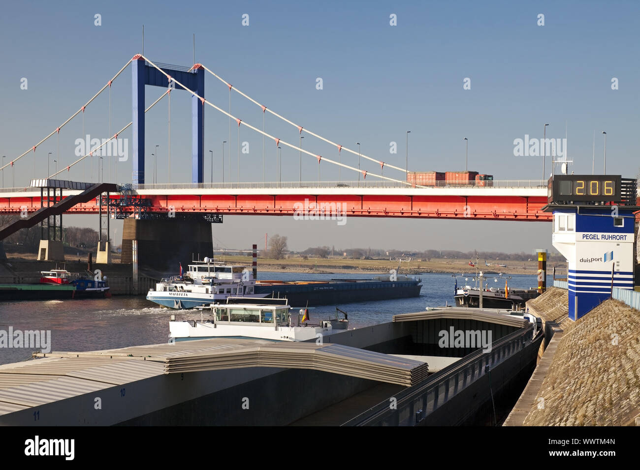 brigde Friedrich-Ebert-Bruecke over thr river Rhine, Duisburg, Ruhr Area, Germany, Europe Stock Photo