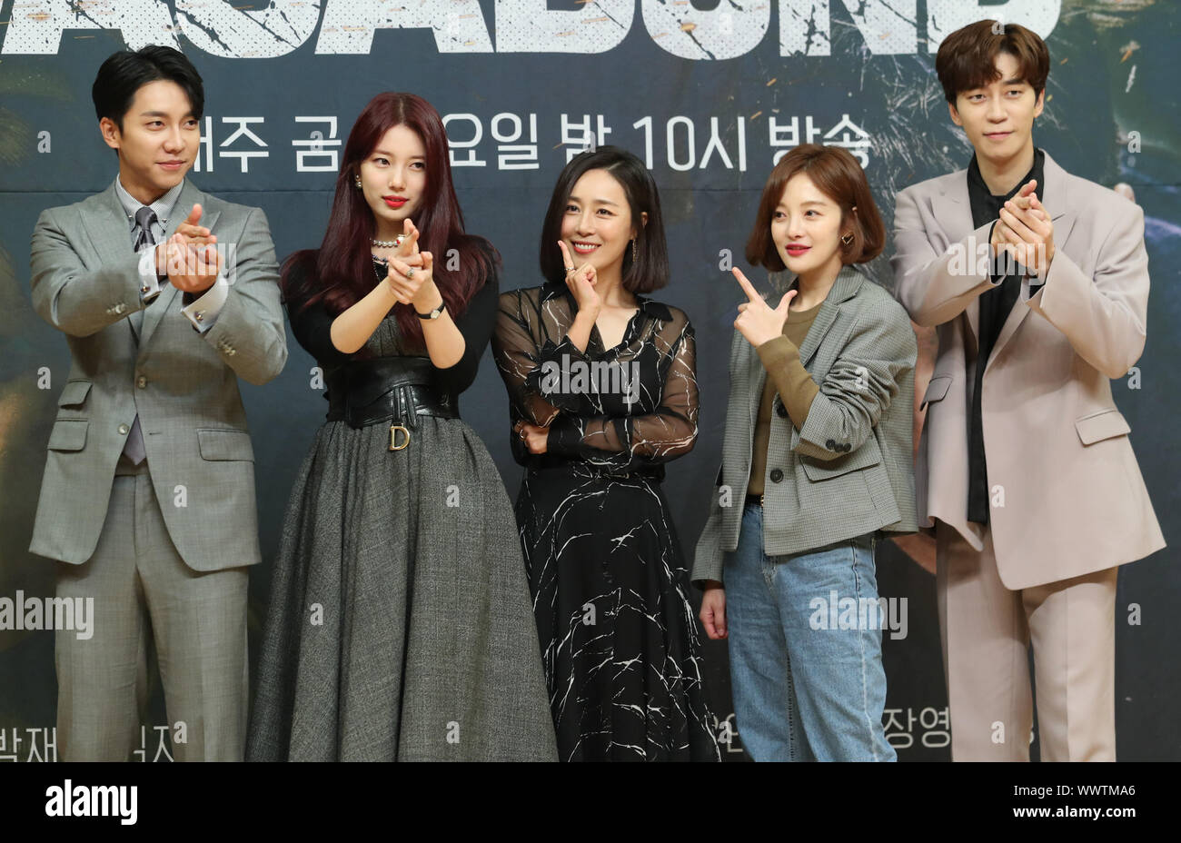 16th Sep, 2019. Drama 'Vagabond' The stars of the new SBS-TV drama "Vagabond"  -- Lee Seung-ki, Bae Soo-ji, Moon Jung-hee, Hwang Bo-ra and Shin Sung-rok  (L to R) -- pose for a