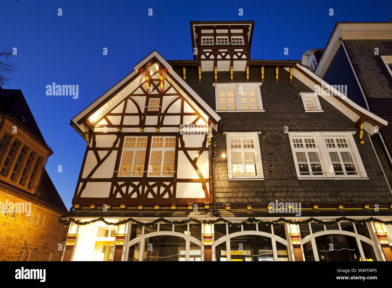 historical old city of Langenberg in the twilight, Velbert, North Rhine