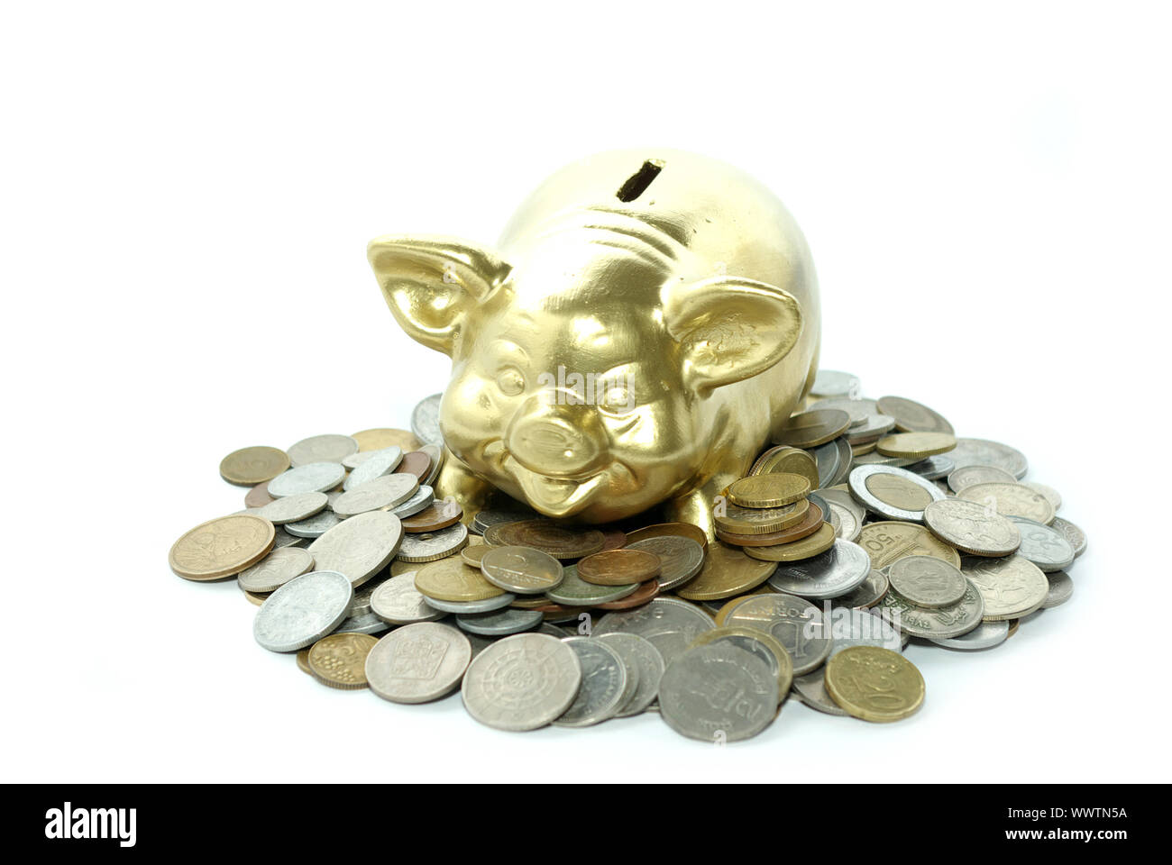 piggy bank isolated on white background with coins Stock Photo - Alamy