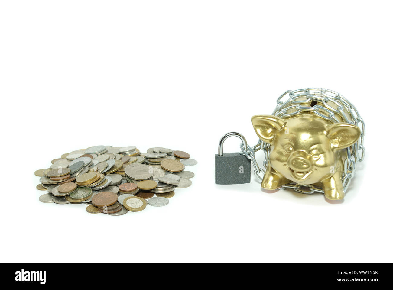 piggy bank isolated on white background with coins Stock Photo - Alamy