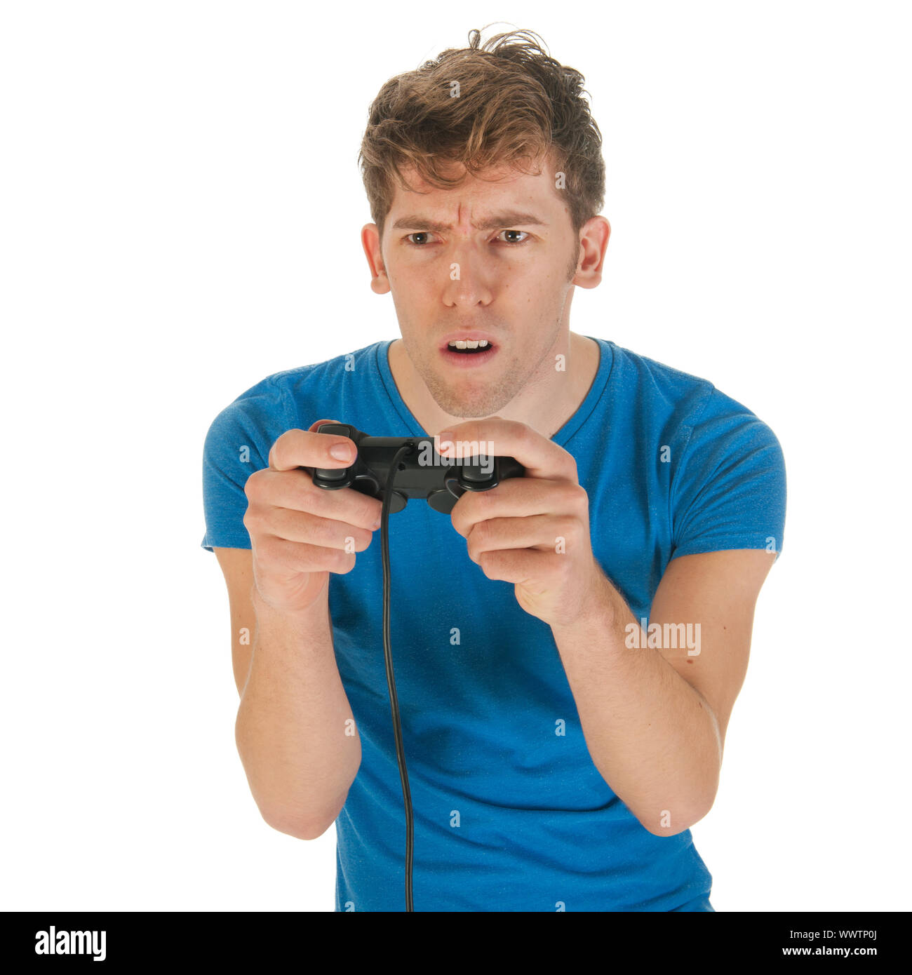 Boy is excitement about playing the computer game with controller Stock