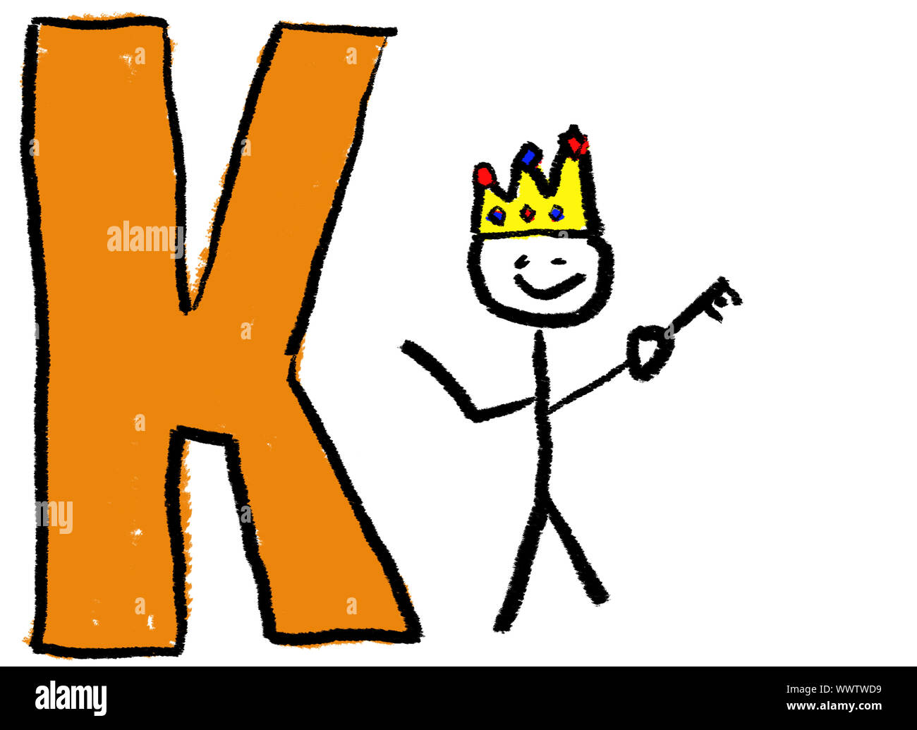 A childlike drawing of the letter K, with a stick man as a King holding a Key Stock Photo