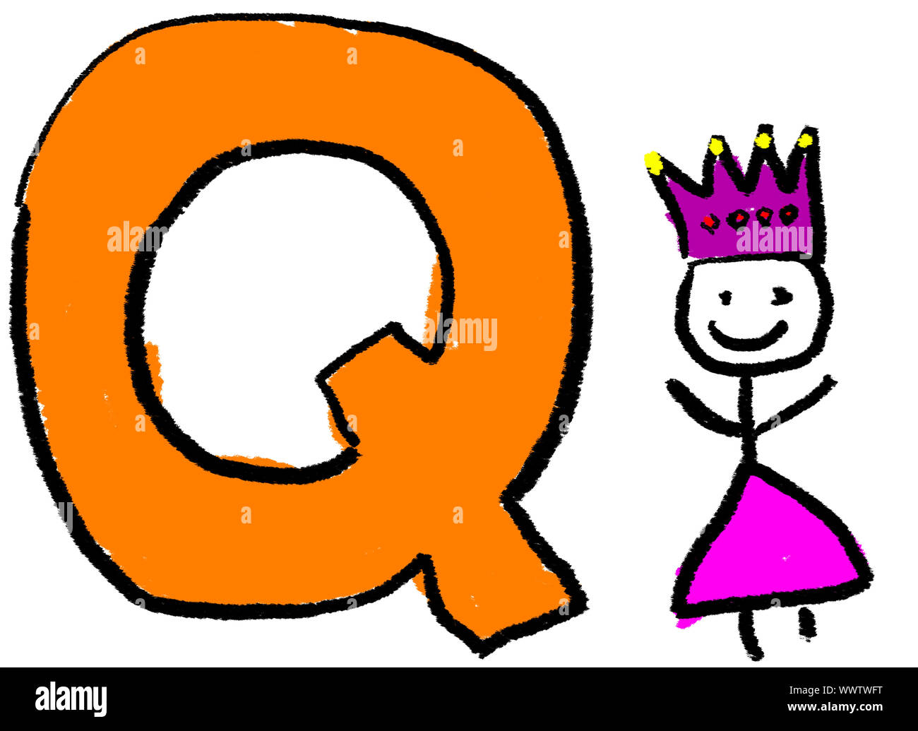 A childlike drawing of the letter Q, with a stick Queen person Stock Photo