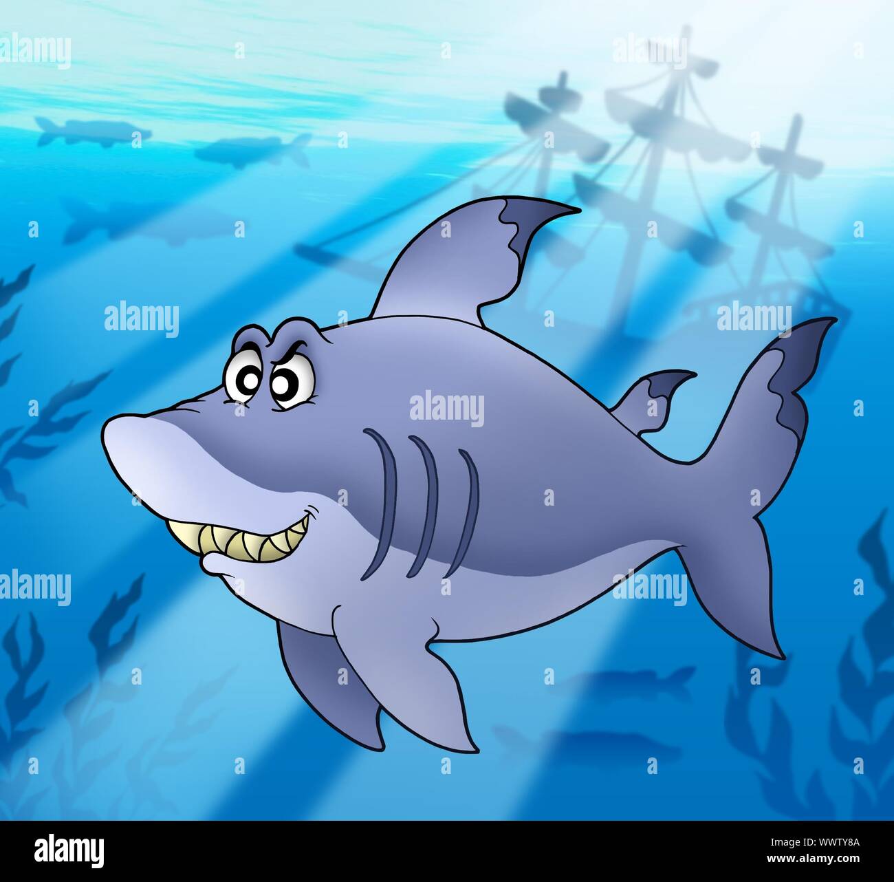Big blue shark with shipwreck color illustration Stock Photo Alamy