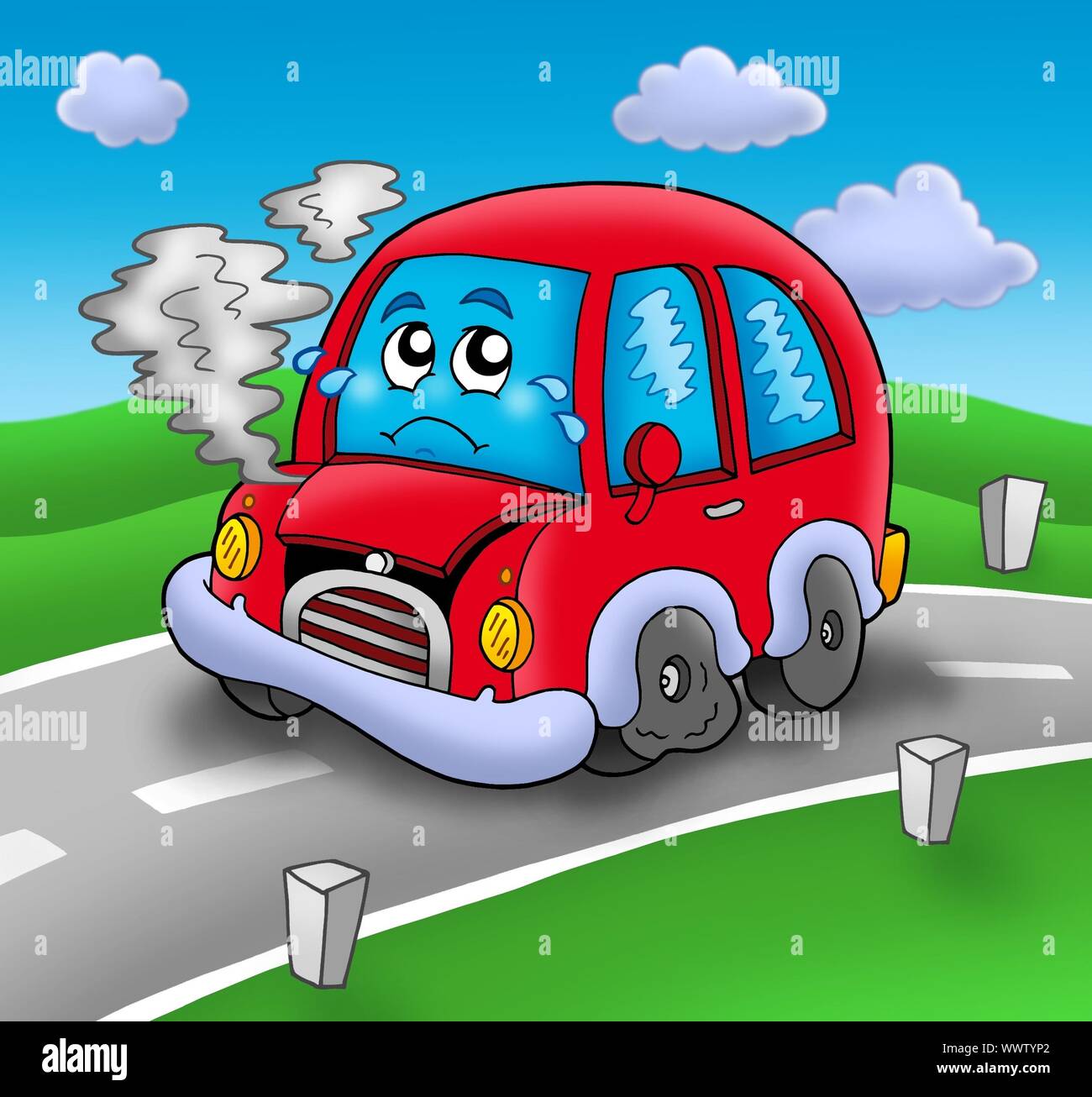 Broken cartoon car on road - color illustration Stock Photo - Alamy