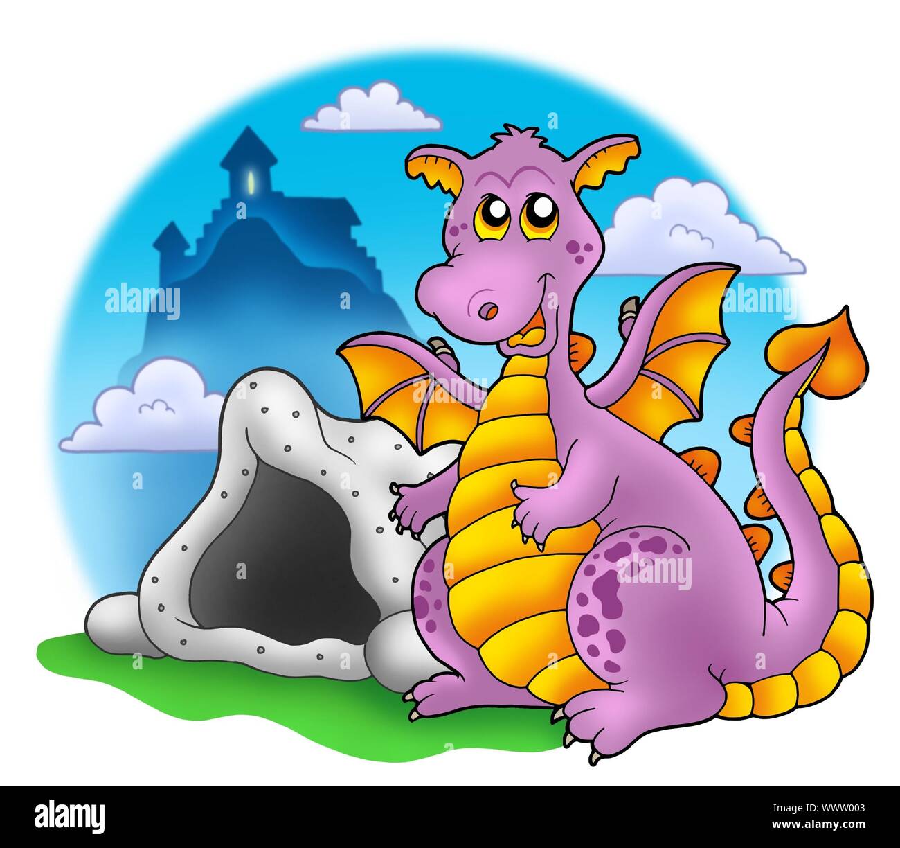 Dragon with cave and castle 1 - color illustration Stock Photo - Alamy