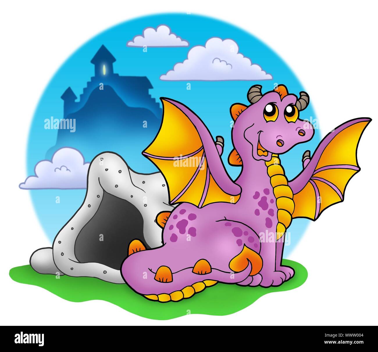 Dragon with cave and castle 2 - color illustration Stock Photo - Alamy