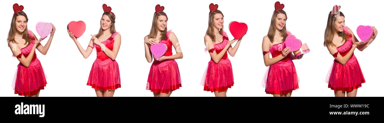 Girl in pretty pink dress with gift box isolated on white Stock Photo ...