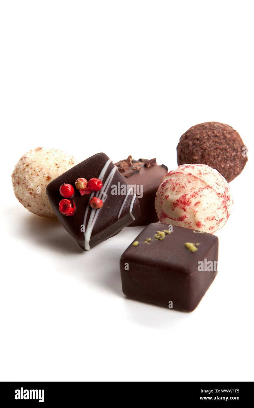 collection of different chocolate pralines isolated Stock Photo