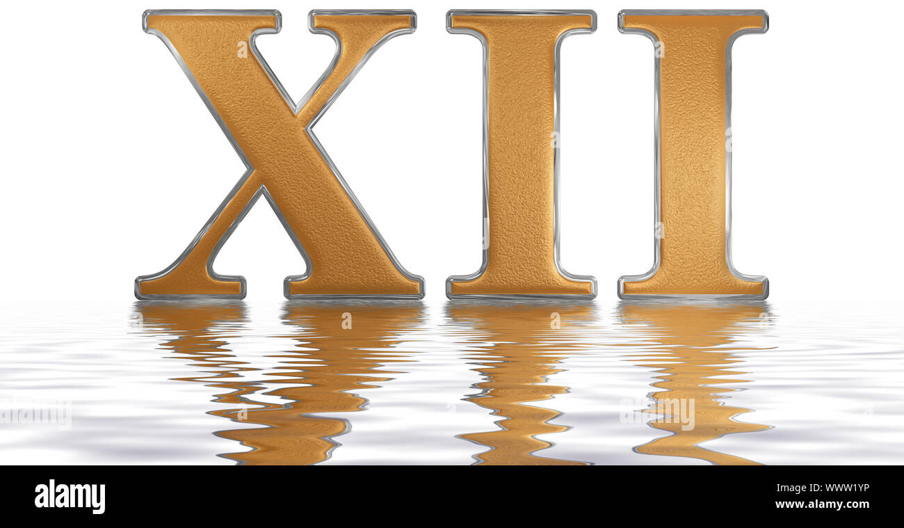Roman numeral XII, duodecim, 12, twelve, reflected on the water surface ...