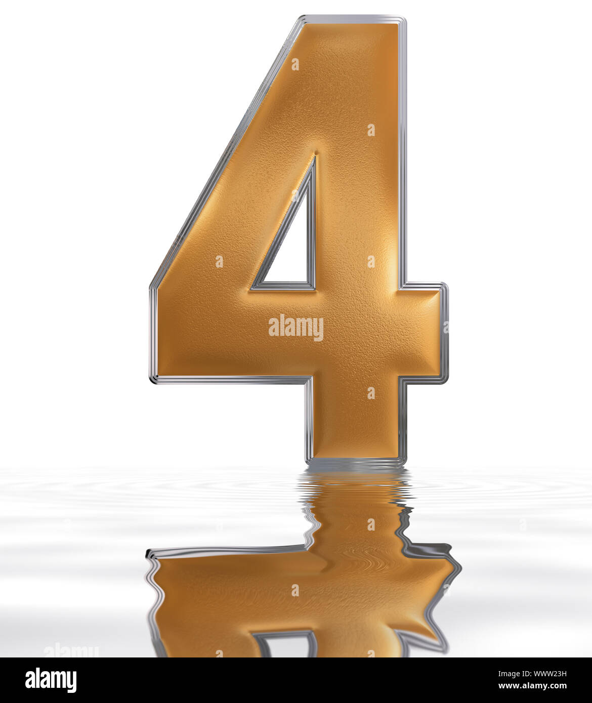 Numeral 4, four, reflected on the water surface, isolated on  white, 3d render Stock Photo